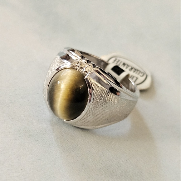New Vintage 18KT White Gold HGE Tiger's Eye Men's Statement Ring. (8.5) - Picture 1 of 10
